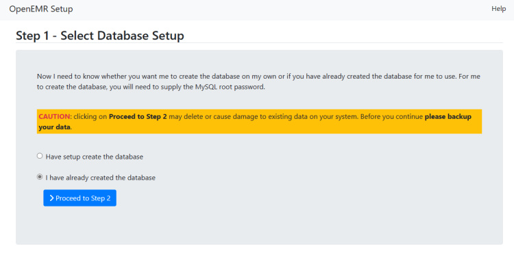 Asistente de configuración de la base de datos OpenEMR