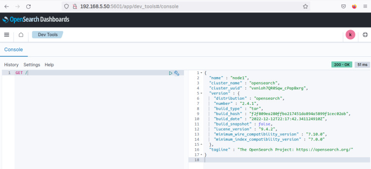 opensearch dashboards dev tools verificar servidor opensearch
