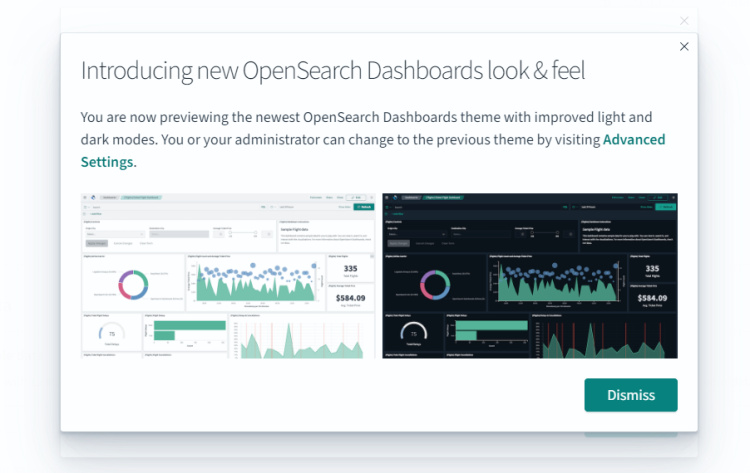Ventana emergente del tema OpenSearch Dashboards
