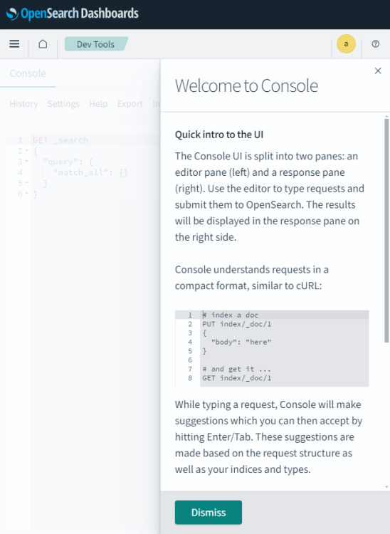 Consola emergente de herramientas de desarrollo de OpenSearch Dashboards