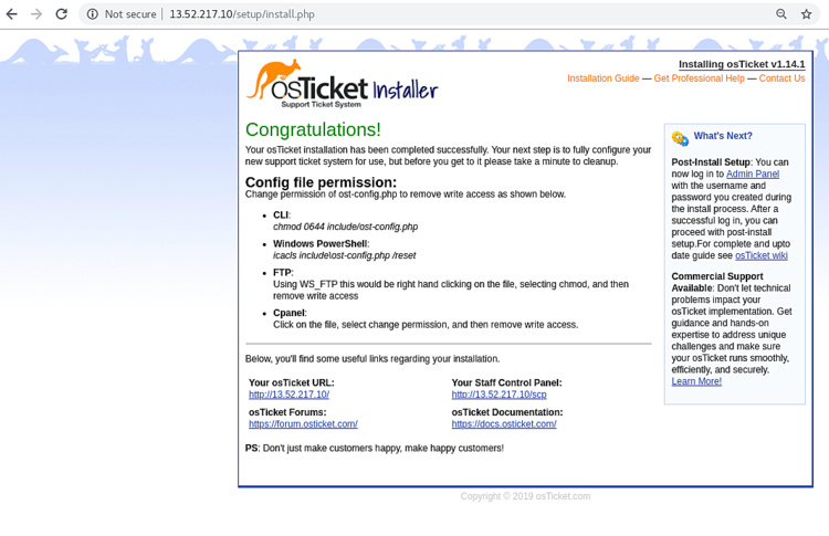 Instalación de osTicket con éxito