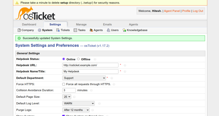 Página de preferencias del sistema