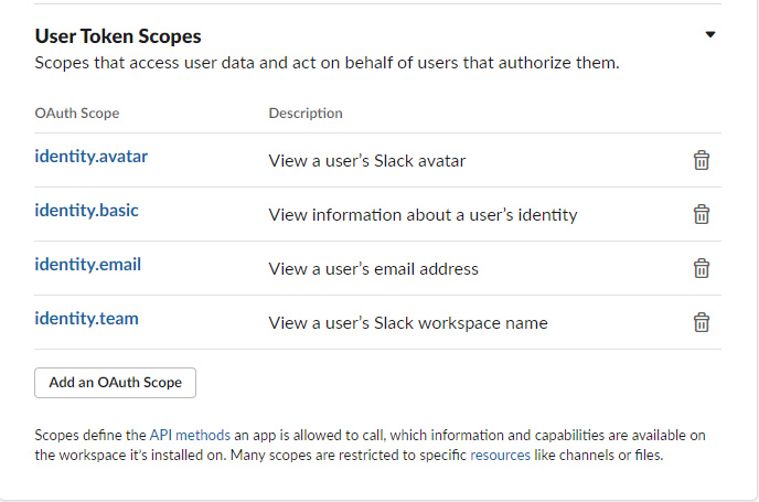 Ámbitos de los tokens Slack