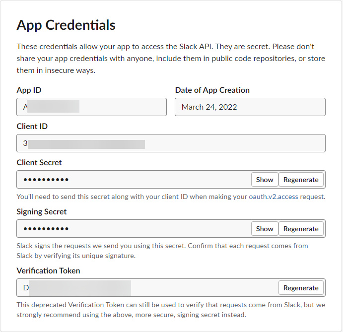 Credenciales de la aplicación Slack