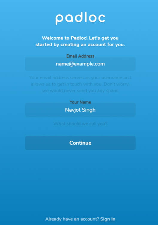 Página de inscripción de Padloc