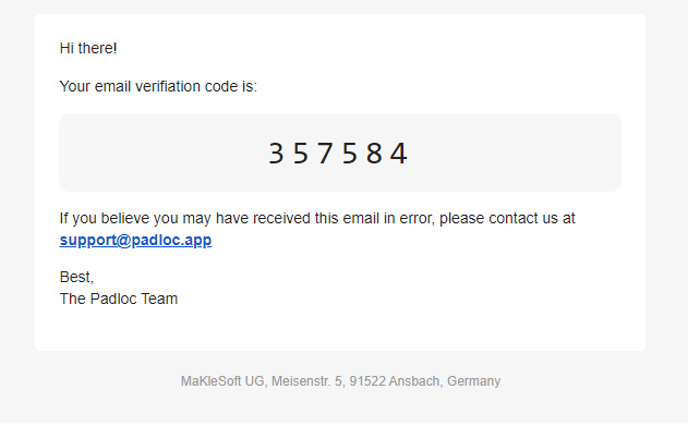 Correo electrónico de verificación de Padloc