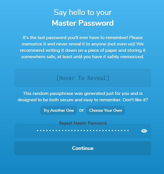 Página de configuración de la contraseña maestra de Padloc