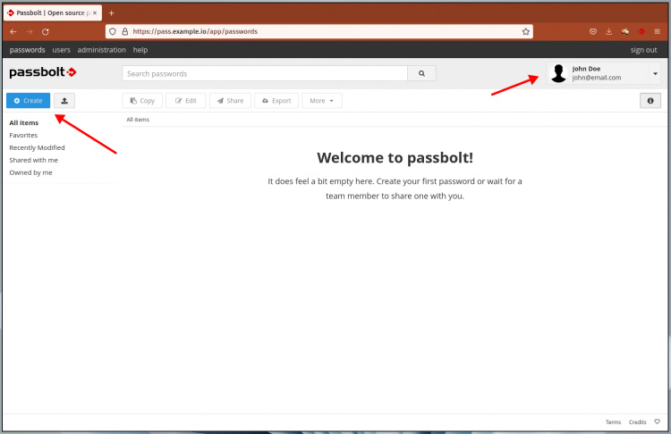 Panel de control del usuario de Passbolt