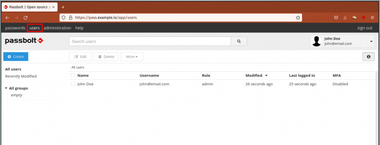 Lista de usuarios de Passbolt
