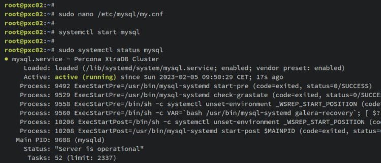 iniciar y verificar mysql pxc02