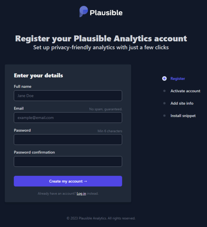 Pantalla de registro de usuario plausible