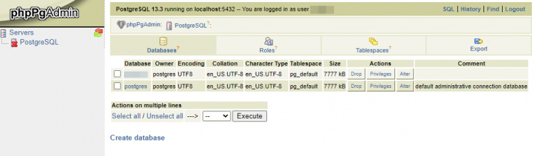 Panel de control de phpPgAdmin