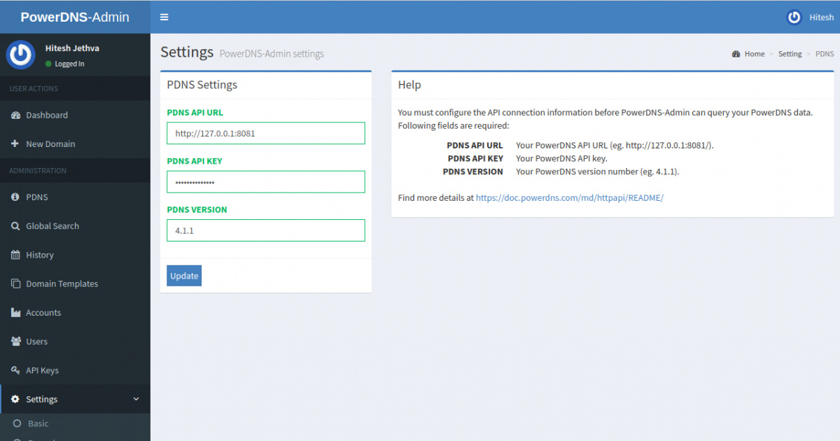 API PowerDNS configurada