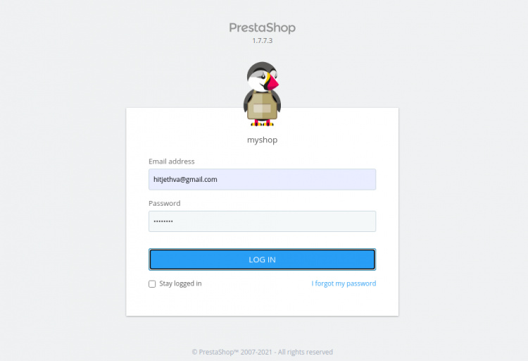 Inicio de sesión del administrador de Prestashop
