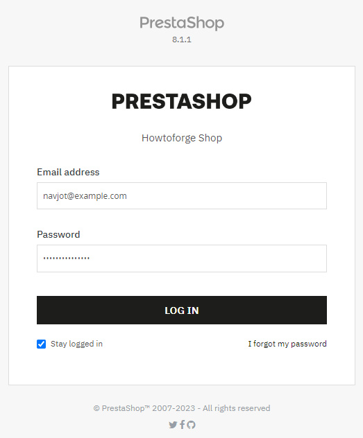 Página de inicio de sesión de Prestashop