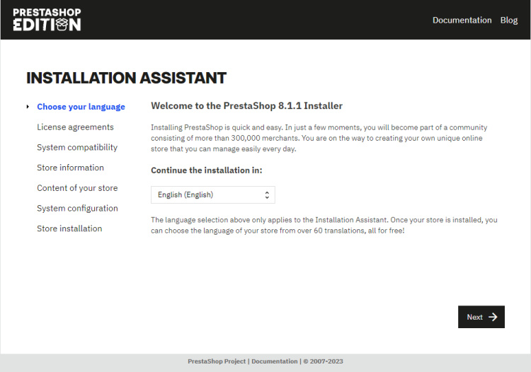 Página de instalación de Prestashop