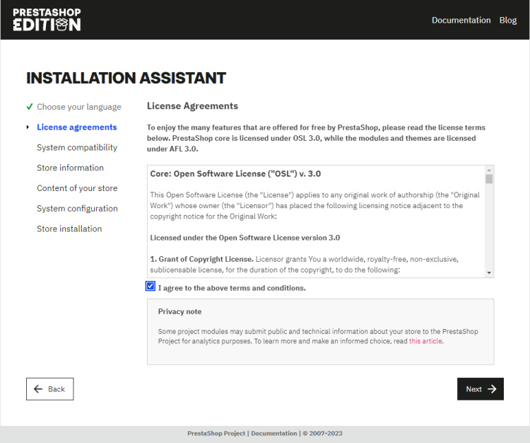Página del Acuerdo de Licencia de Prestashop