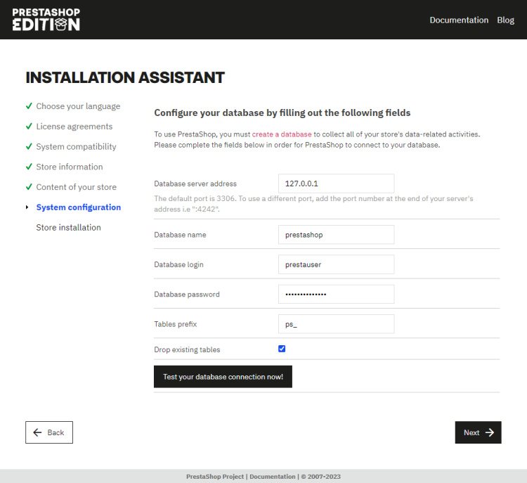 Configuración de la base de datos de Prestashop