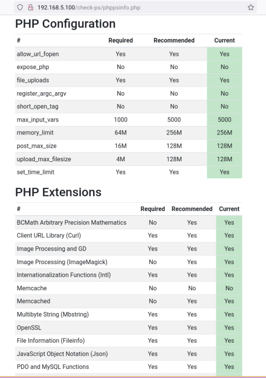 configuraciones y ajustes de php