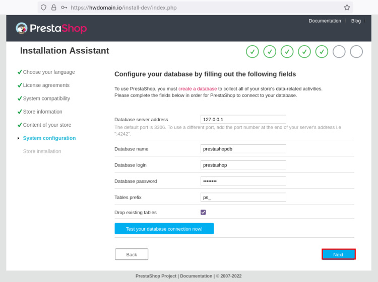 configuración de la base de datos