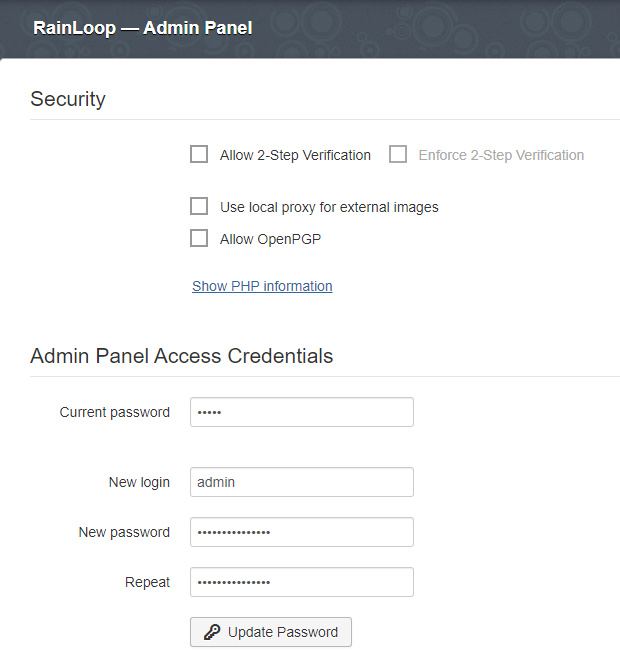 Pantalla de cambio de contraseña de Rainloop