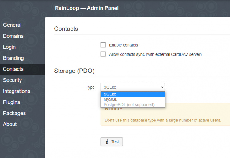 Página de contactos de Rainloop