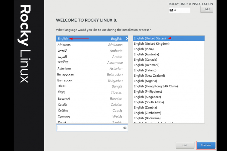 elegir idioma para la instalación de rocky linux