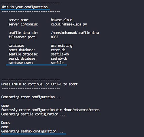 Confirmar la configuración del servidor seafile