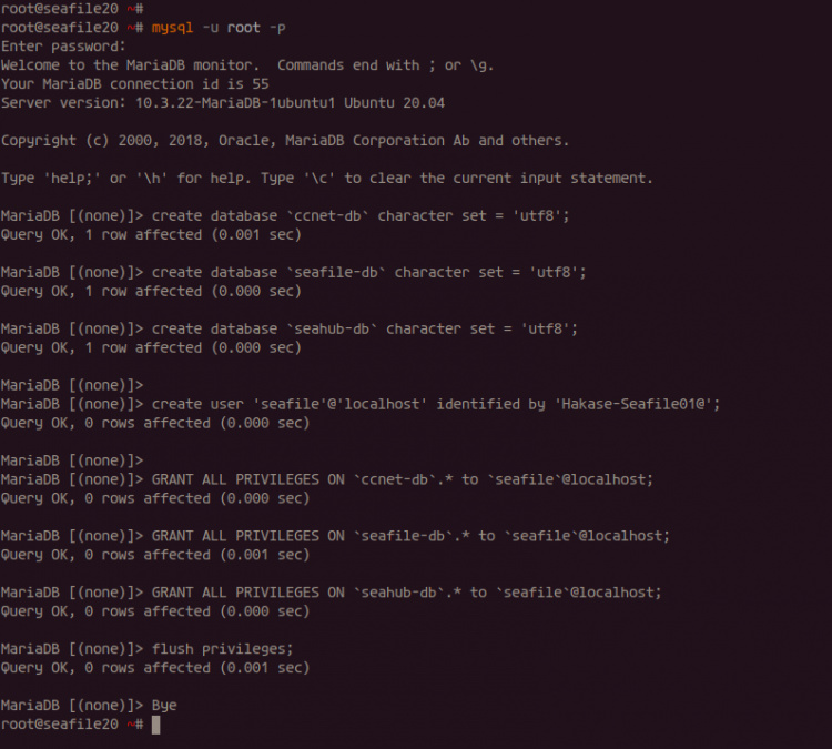 Crea una nueva base de datos y un nuevo usuario para Seafile