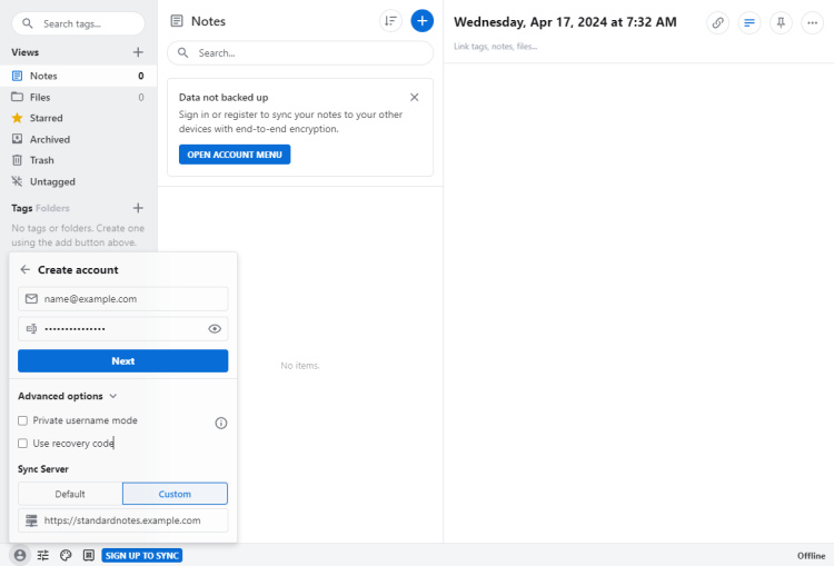 Notas estándar Crear cuenta