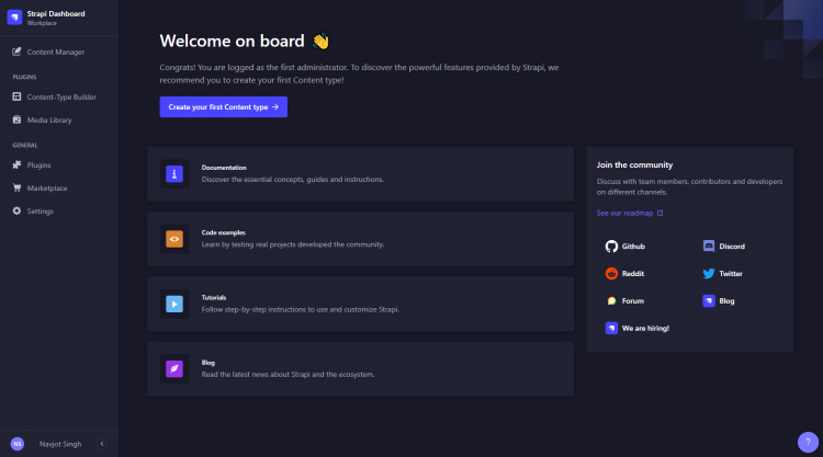 Panel de control Strapi Admin