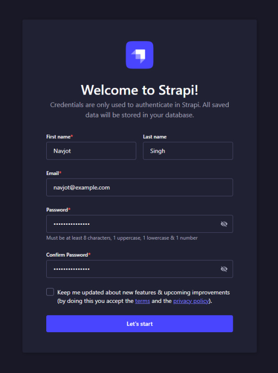 Página de creación de usuario Strapi Admin