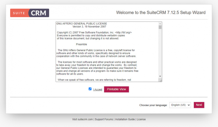 Asistente de configuración de SuiteCRM
