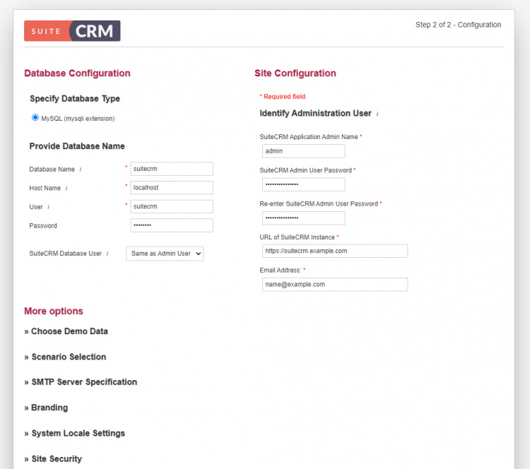 Página de configuración de SuiteCRM