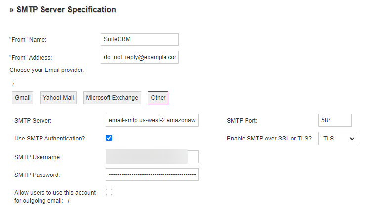 Configuración del servidor SMTP de SuiteCRM