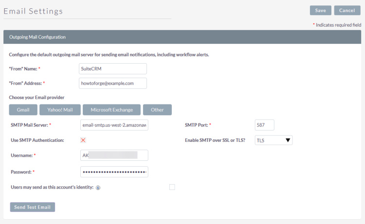 Configuración del correo electrónico de SuiteCRM