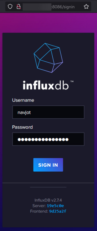 Página de inicio de sesión de InfluxDB