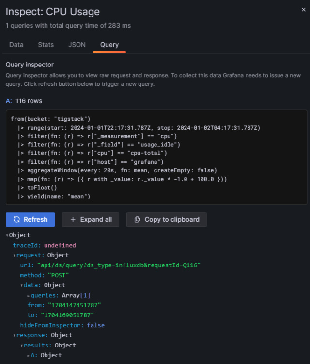 Resultado del inspector de consultas de Grafana