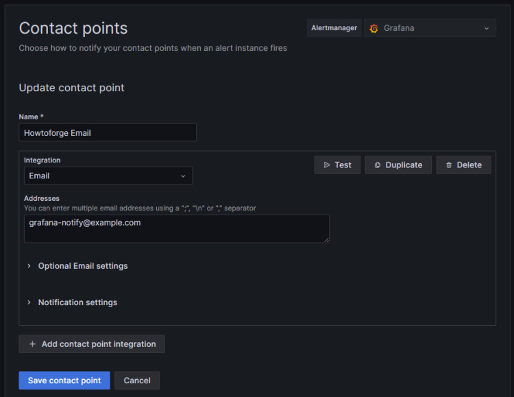 Punto de contacto de notificación por correo electrónico de Grafana