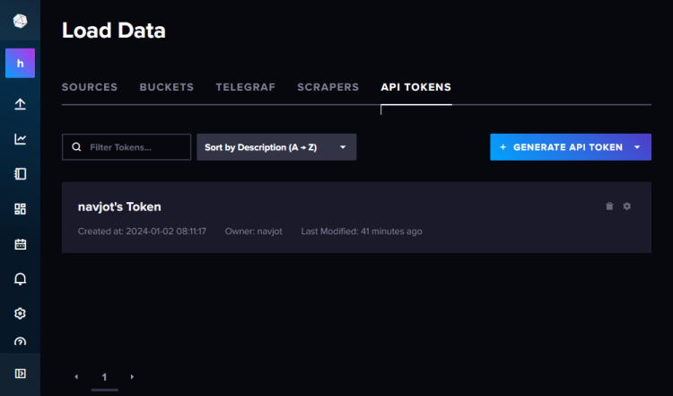 Página de tokens de InfluxDB