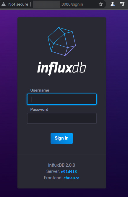 Página de inicio de sesión de InfluxDB