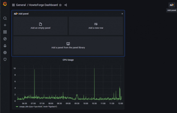 Página del nuevo panel del panel de control de Grafana