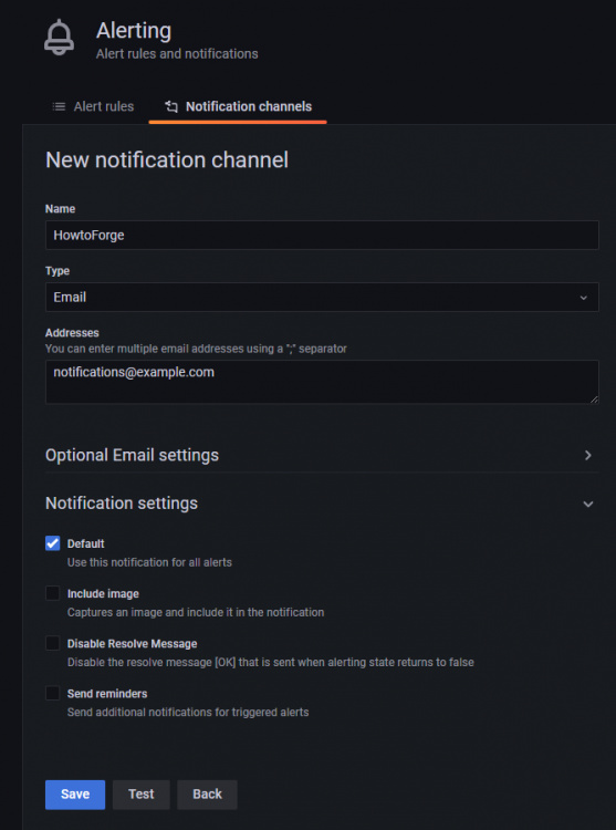 Canal de notificación por correo electrónico de Grafana