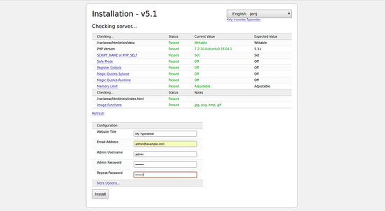 Asistente de configuración de Typesetter CMS