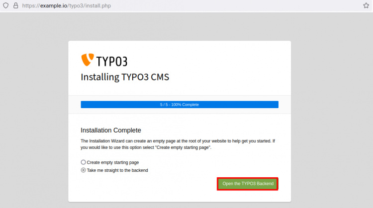 Instalación completada de TYPO3 CMS