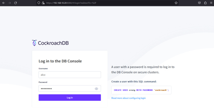 iniciar sesión en el servidor cockroachdb