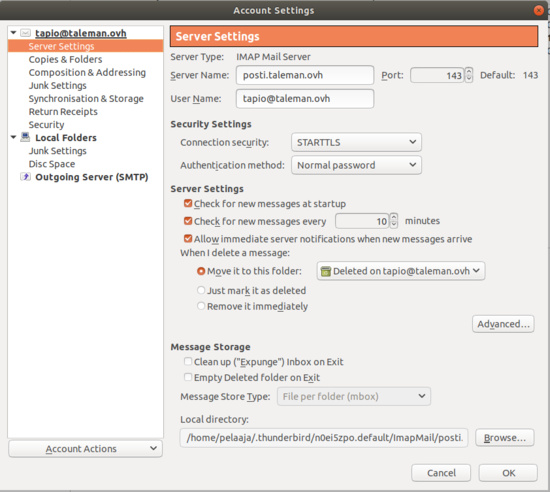 Configuración del servidor Thunderbird