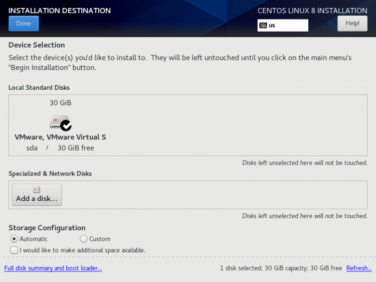 Selecciona el destino de la instalación de CentOS