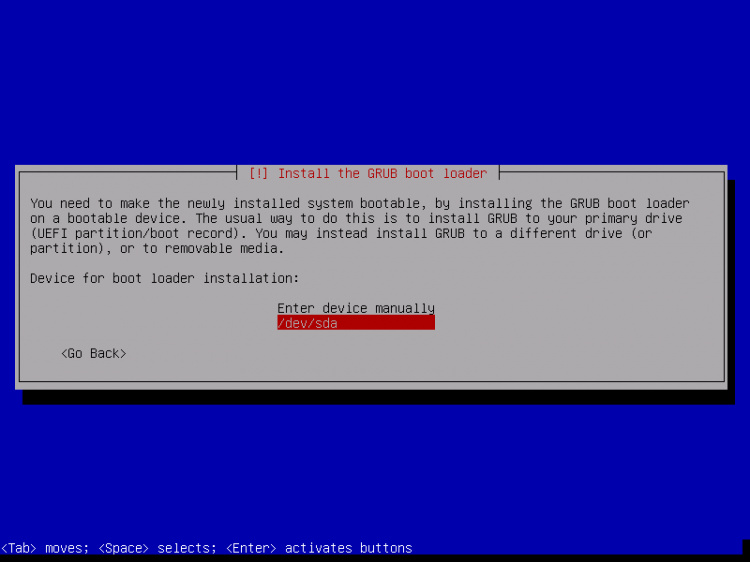 Selecciona el dispositivo para la instalación del gestor de arranque