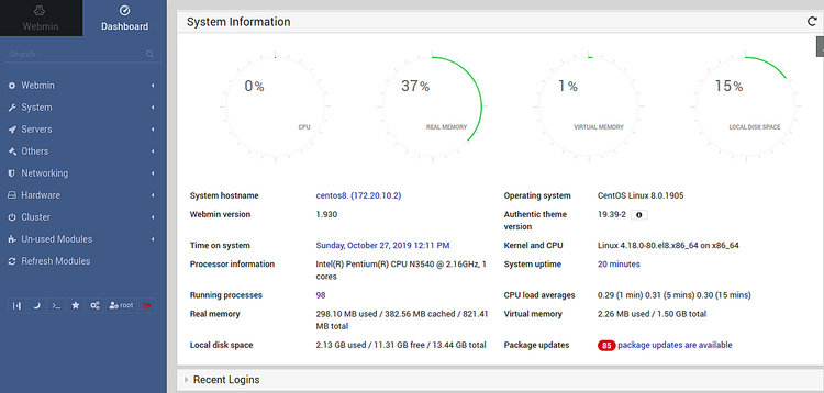 Panel de control de Webmin